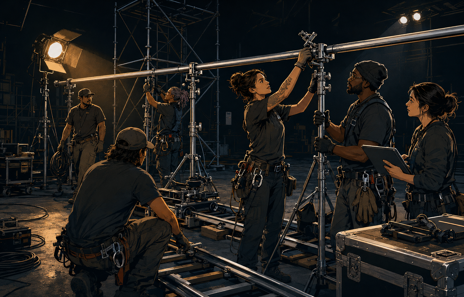 Illustrated film grip crew collaborating around track, stands and speed rail on a soundstage